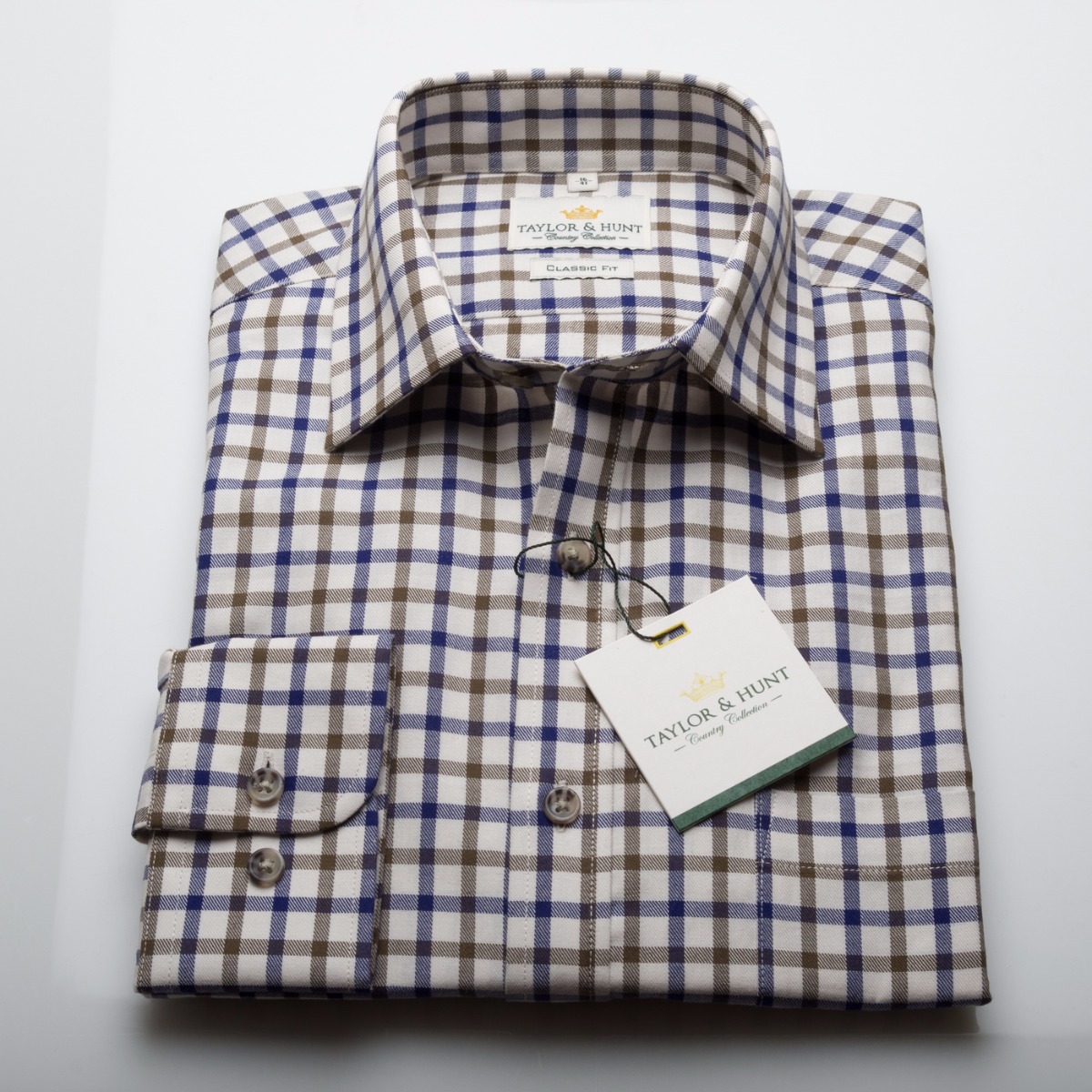Taylor & Hunt Cream/Navy/Brown Tattersall Check Regular Fit Shirt