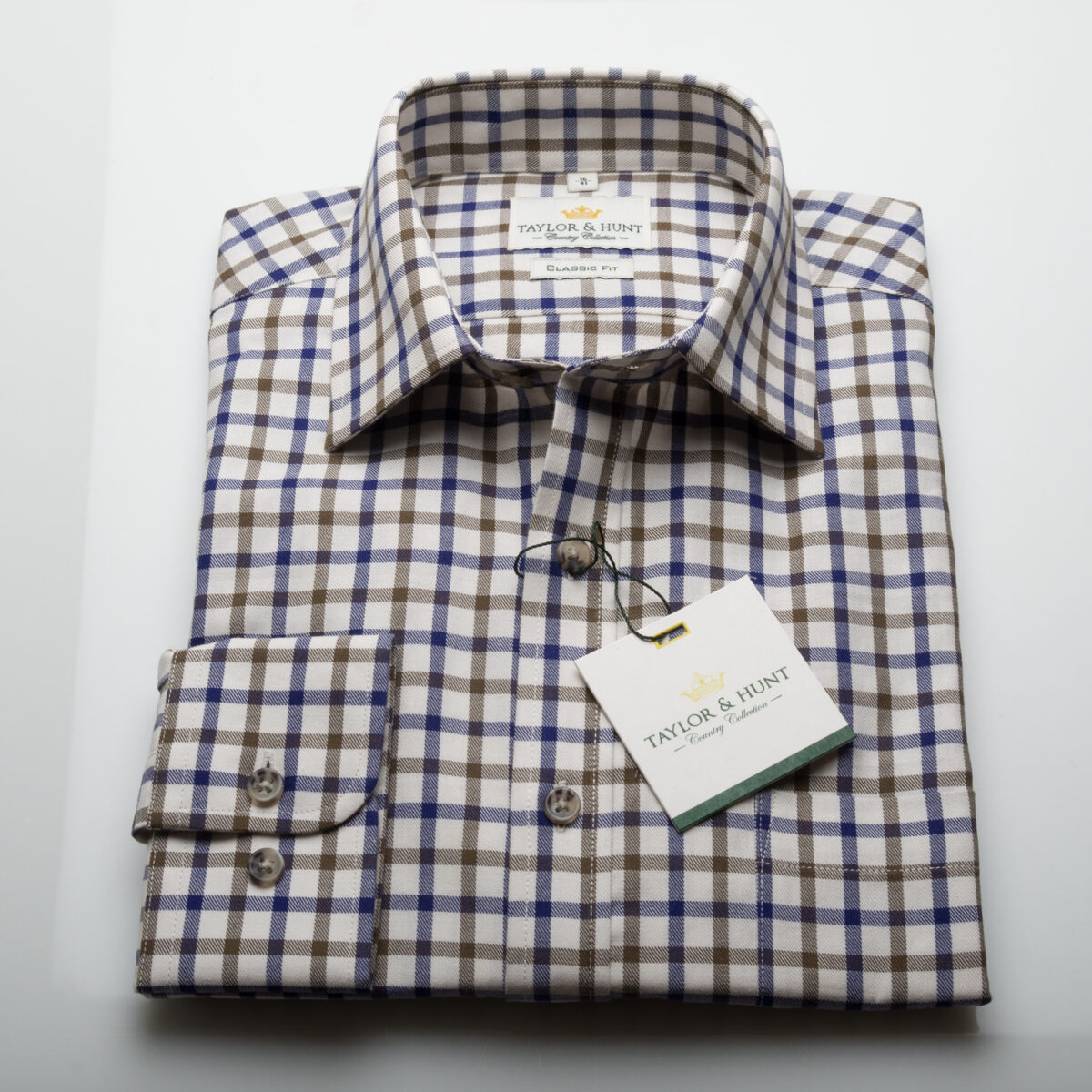 Taylor & Hunt Cream/Navy/Brown Tattersall Check Regular Fit Shirt-3316