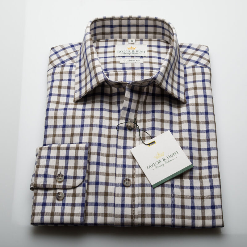 Taylor & Hunt Cream/Navy/Brown Tattersall Check Regular Fit Shirt-3316