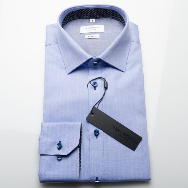 Van Larsson Shirt, Mid Blue Herringbone Slim Fit Shirt
