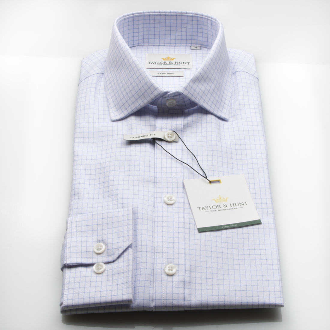 Taylor & Hunt Easy Iron White Blue Grid Check Tailored Fit Shirt