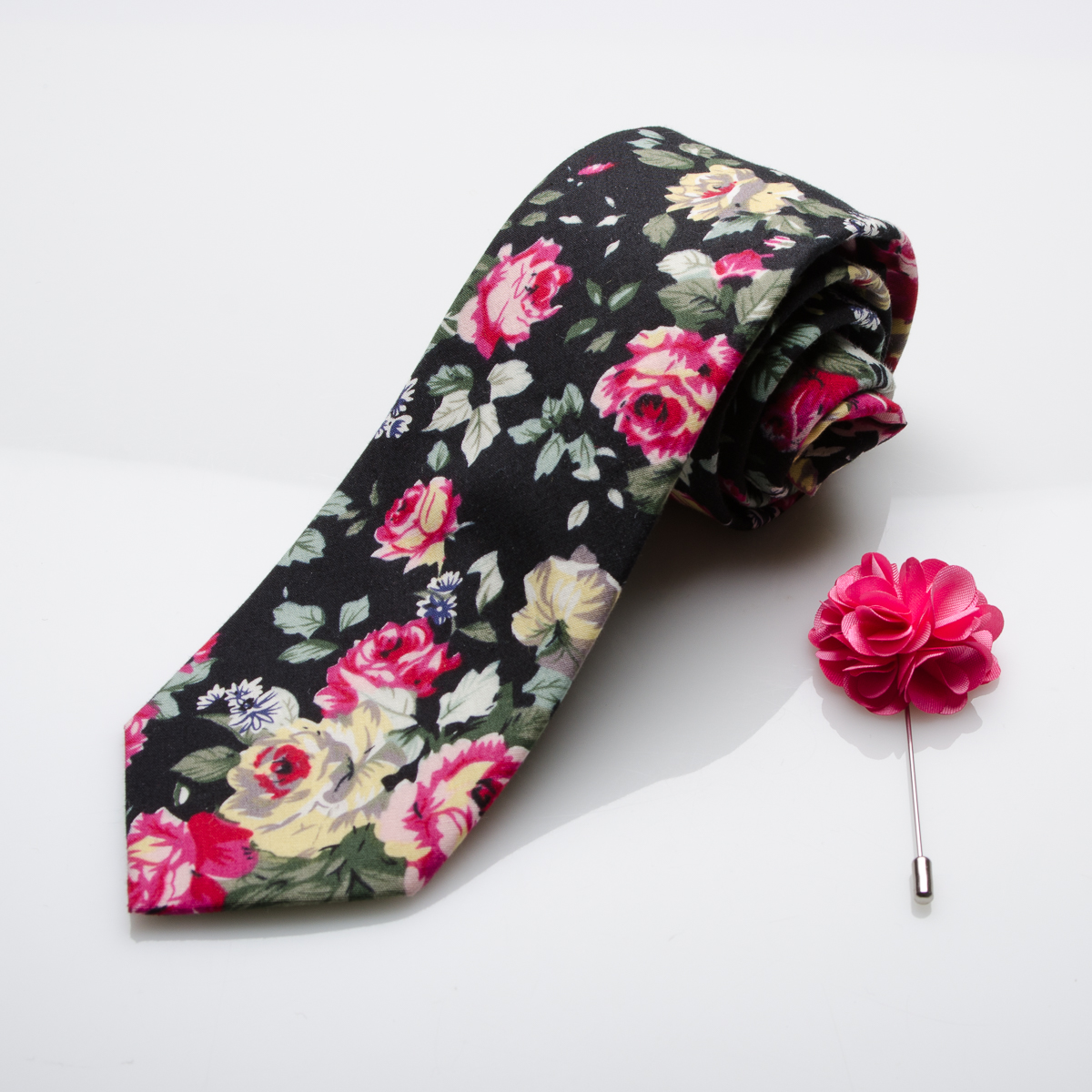 Curated Tie - Black Base Pink Rose Tie & Lapel Pin Set-0 Curated Tie - Black Base Pink Rose Tie & Lapel Pin Set-0