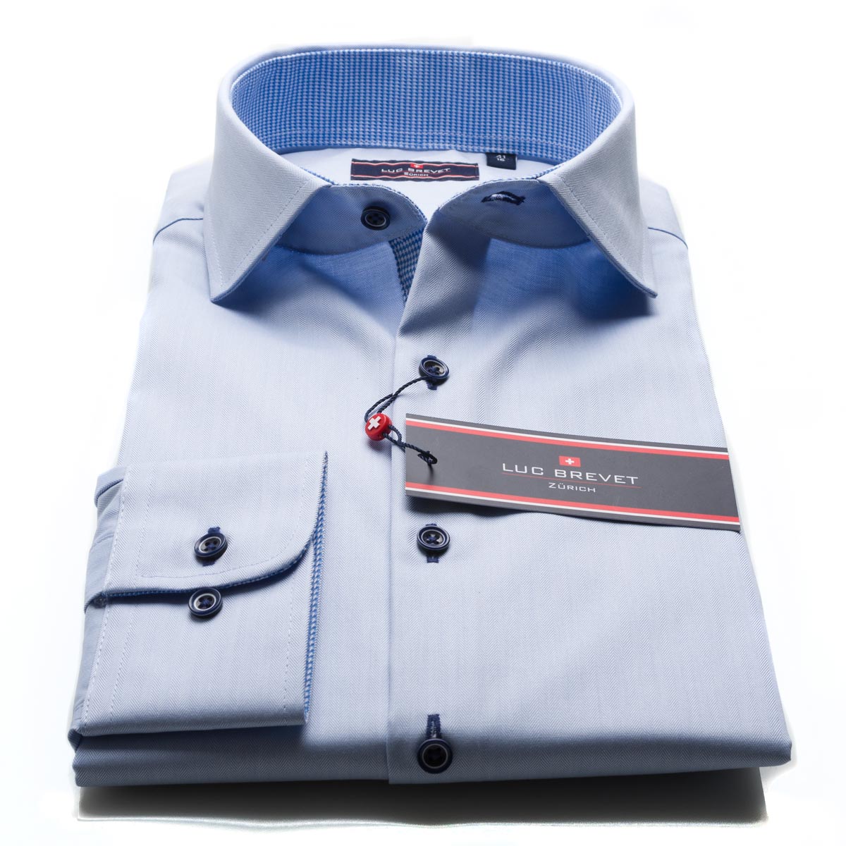 Luc Brevet Slim Fit Mini Blue Herringbone Shirt