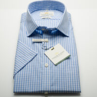 Taylor & Hunt Blue Cotton Gingham Short Sleeve Classic Fit Shirt-2418