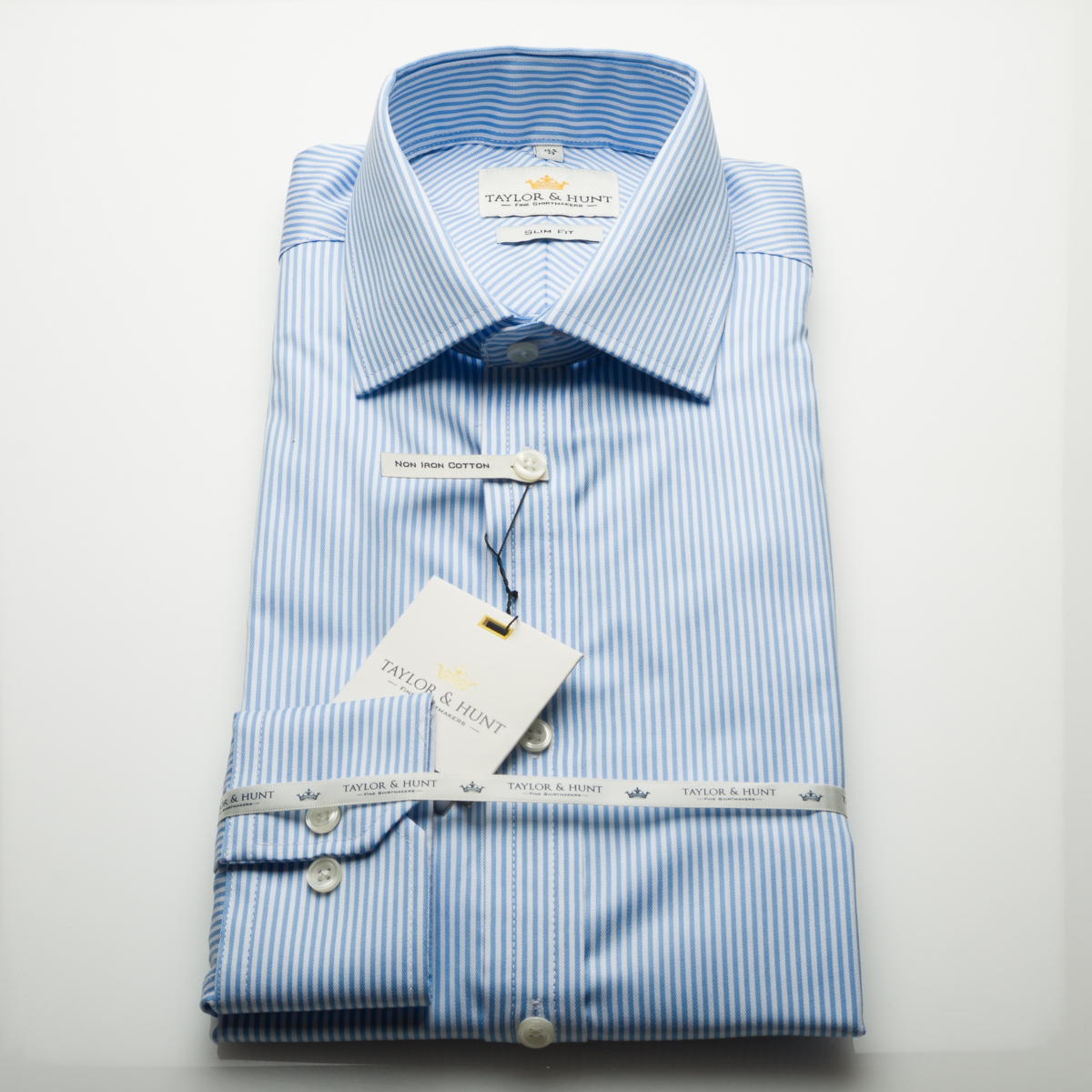 Taylor & Hunt - blue dobby long sleeve non iron cotton slim fit shirt with single mitred cuff
