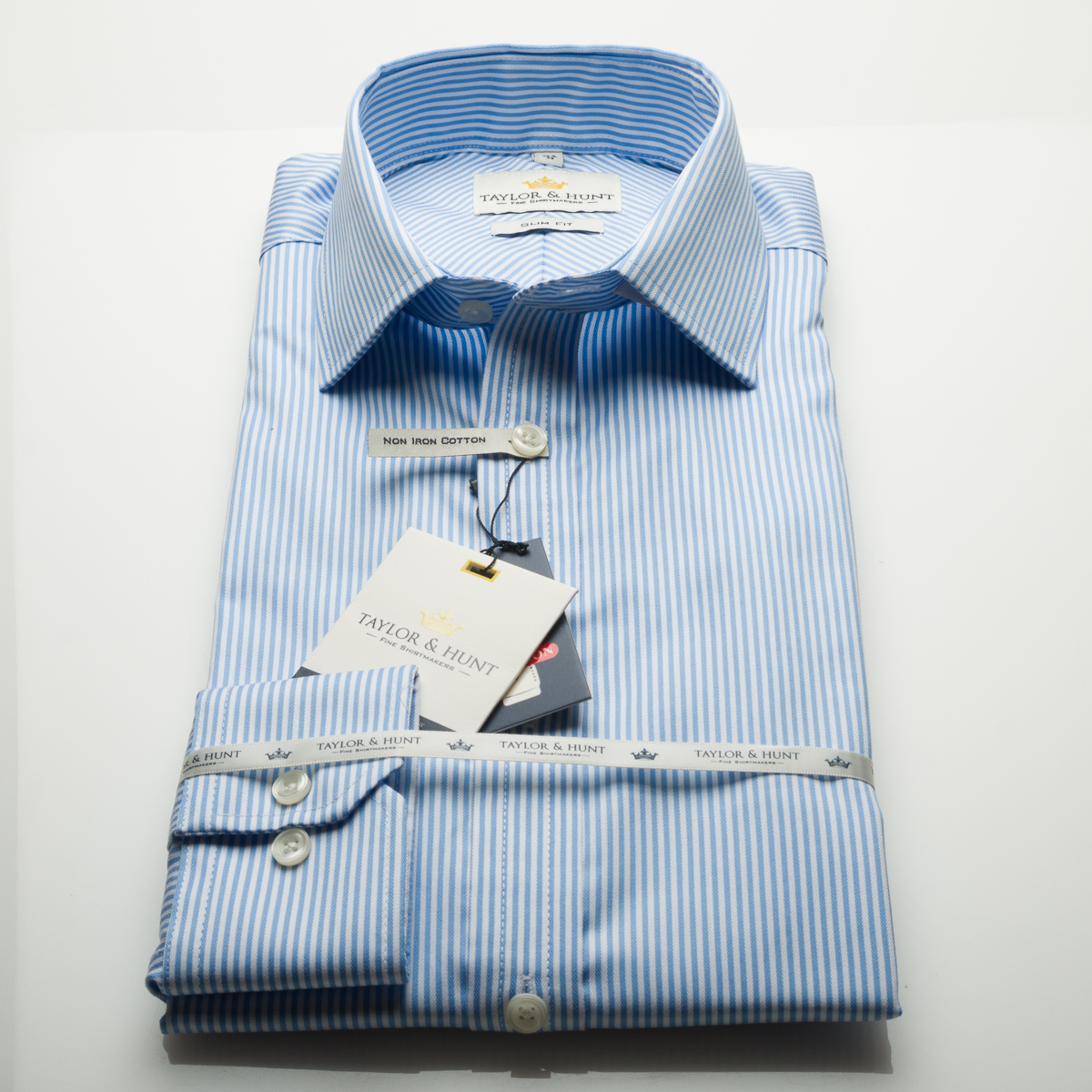 Taylor & Hunt - blue dobby long sleeve non iron cotton slim fit shirt with single mitred cuff