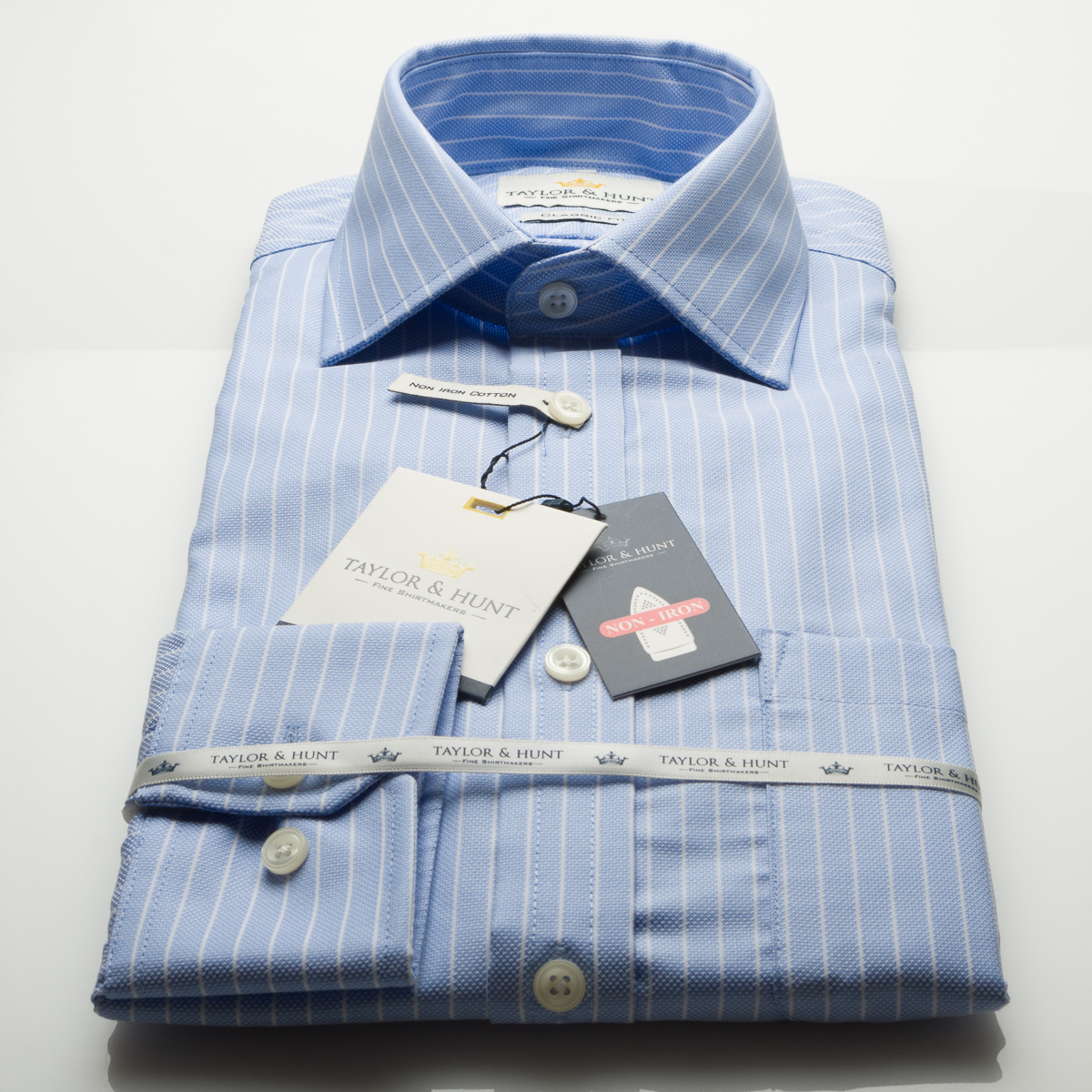 Taylor & Hunt blue reverse Oxford Bengal long sleeve non iron cotton classic fit shirt with single mitred cuff