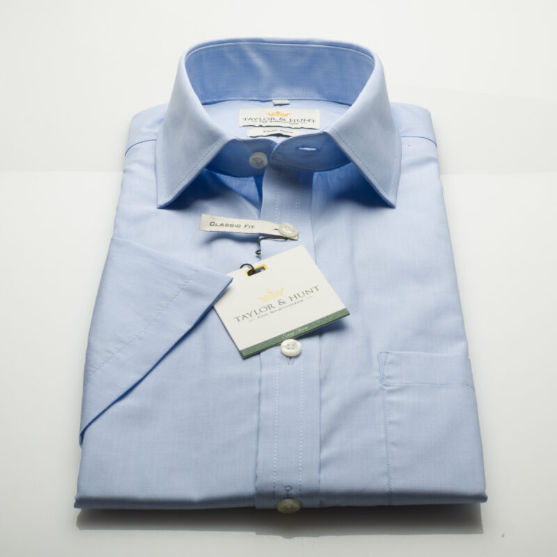 Taylor & Hunt-sky blue cotton end on end short sleeve easy iron classic fit shirt-0