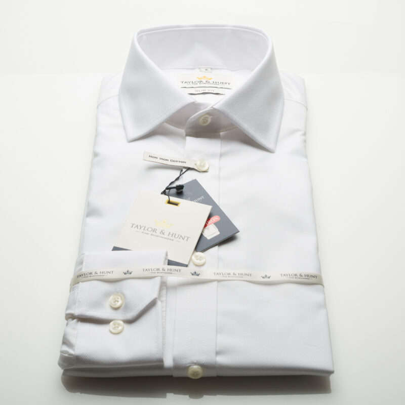 White twill long sleeve non iron cotton slim fit shirt with single mitred cuff