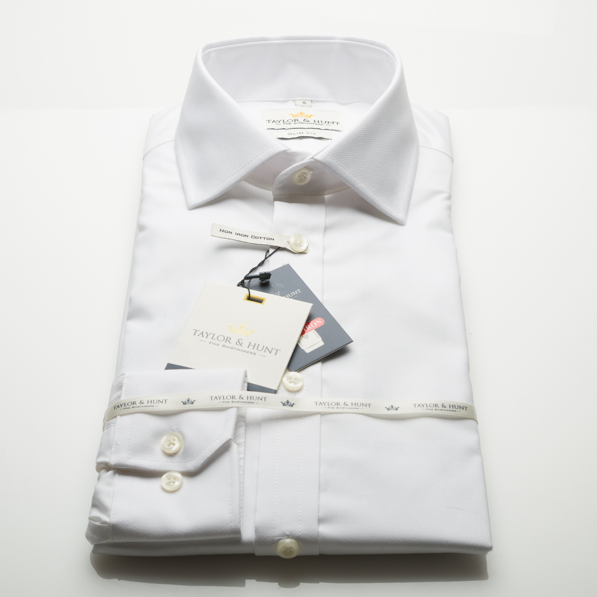 White twill long sleeve non iron cotton slim fit shirt with single mitred cuff