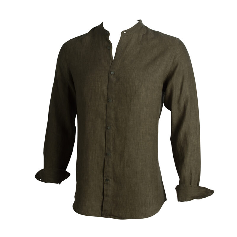 Fisk of Oslo Olive slim fit linen grandad collar shirt.-2727