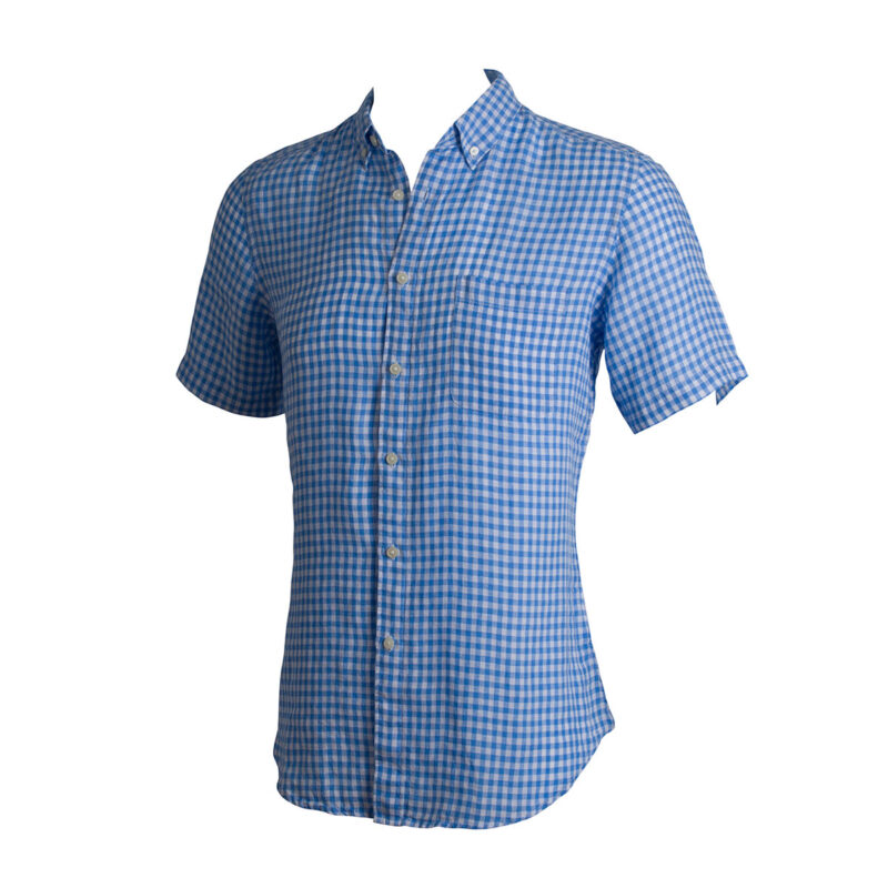 Taylor & Hunt Pure linen relaxed fit light blue gingham, short sleeve shirt