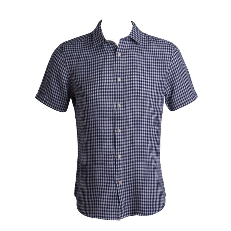 Luc Brevet 100% linen navy blue gingham short sleeve shirt-2701