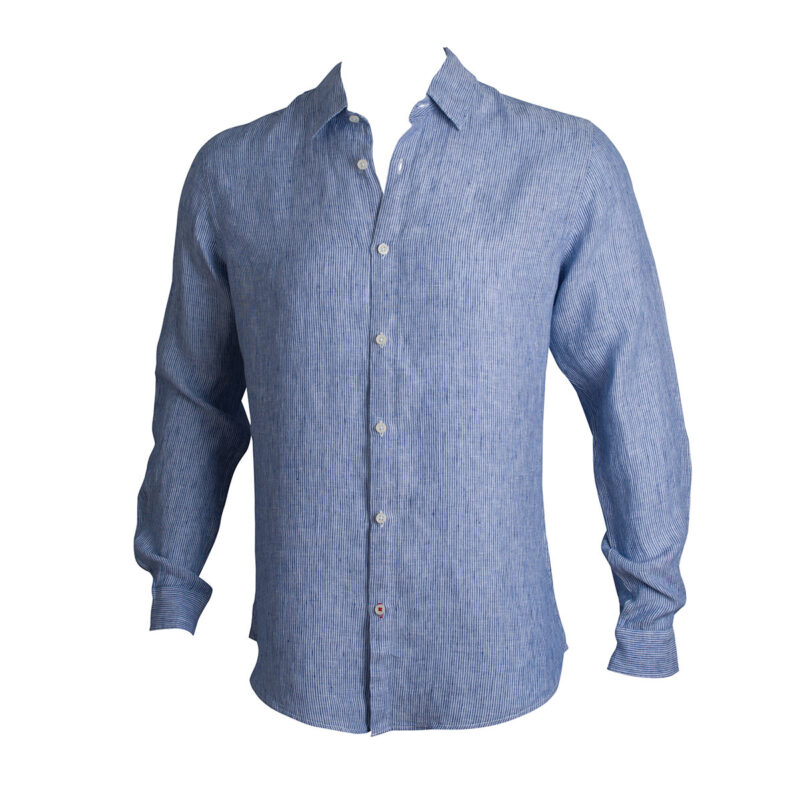 Luc Brevet 100% linen blue stripe long sleeve shirt in slim fit.-2717