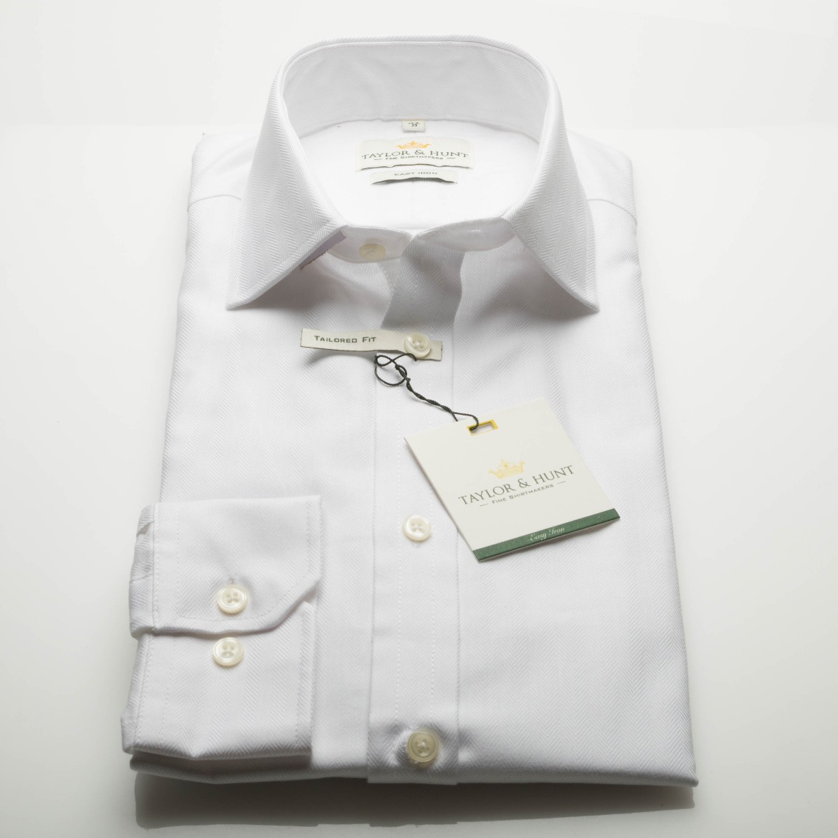 Taylor & Hunt, white cotton herringbone long sleeve single cuff shirt-3237