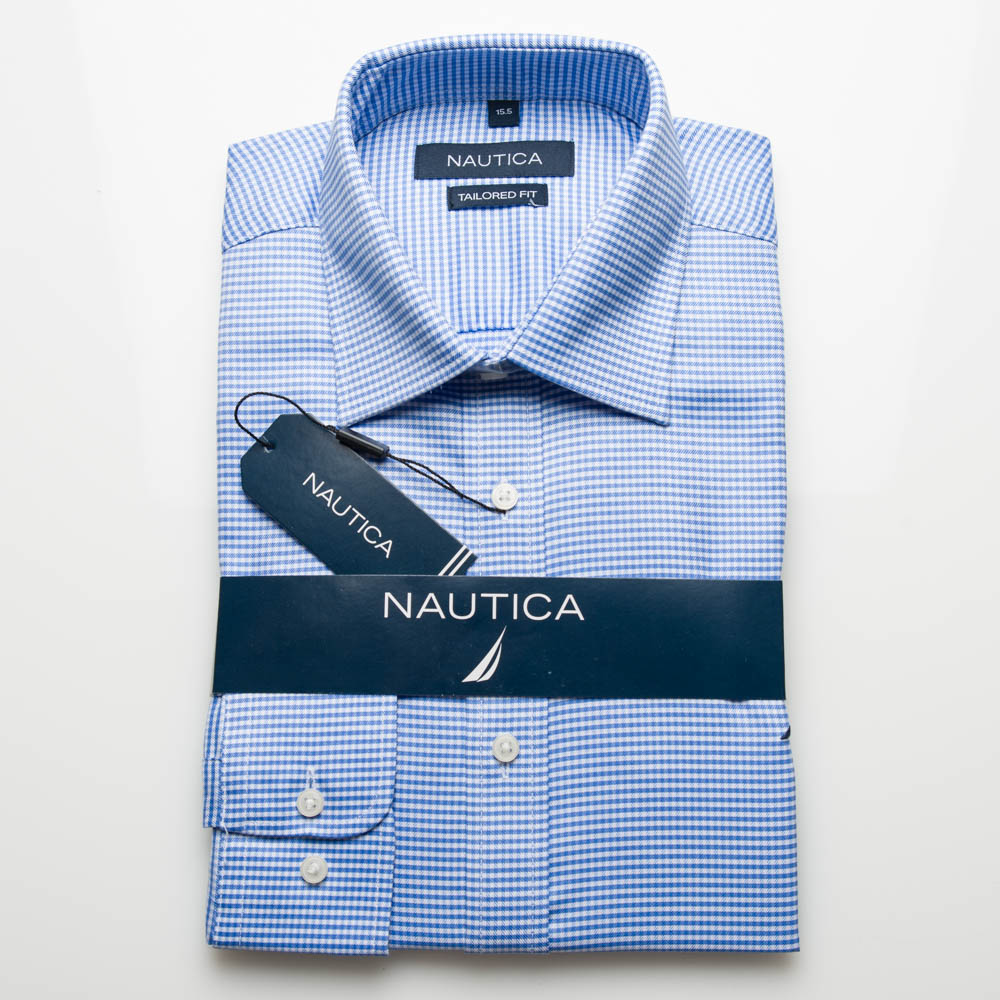 Nautica Tailored Fit Blue Gingham Check Twill Shirt-0