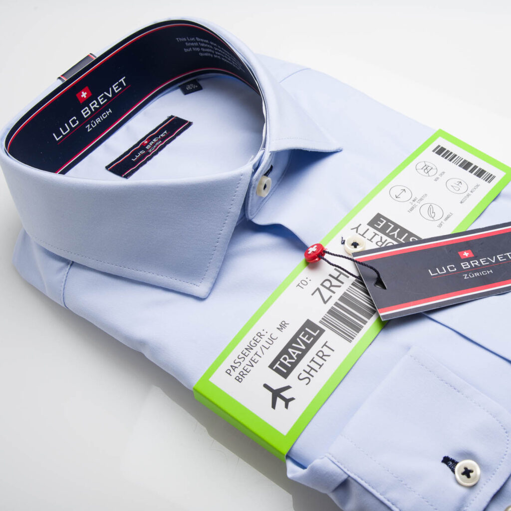 Luc Brevet Mens Sky Blue Stretch Travel Shirt, with Soft handle fabric and Moisture Wicking 