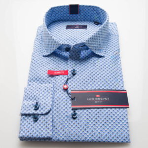 Mens Blue Small Daisey Printed Shirt, with Contrast Navy Buttons.