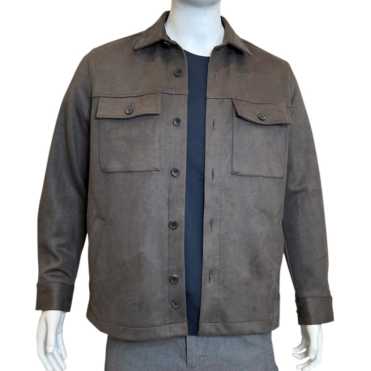 Mens Dark Stone Stretch Faux Suede Smart Shacket With Two Chest Pockets And Two Side Pockets