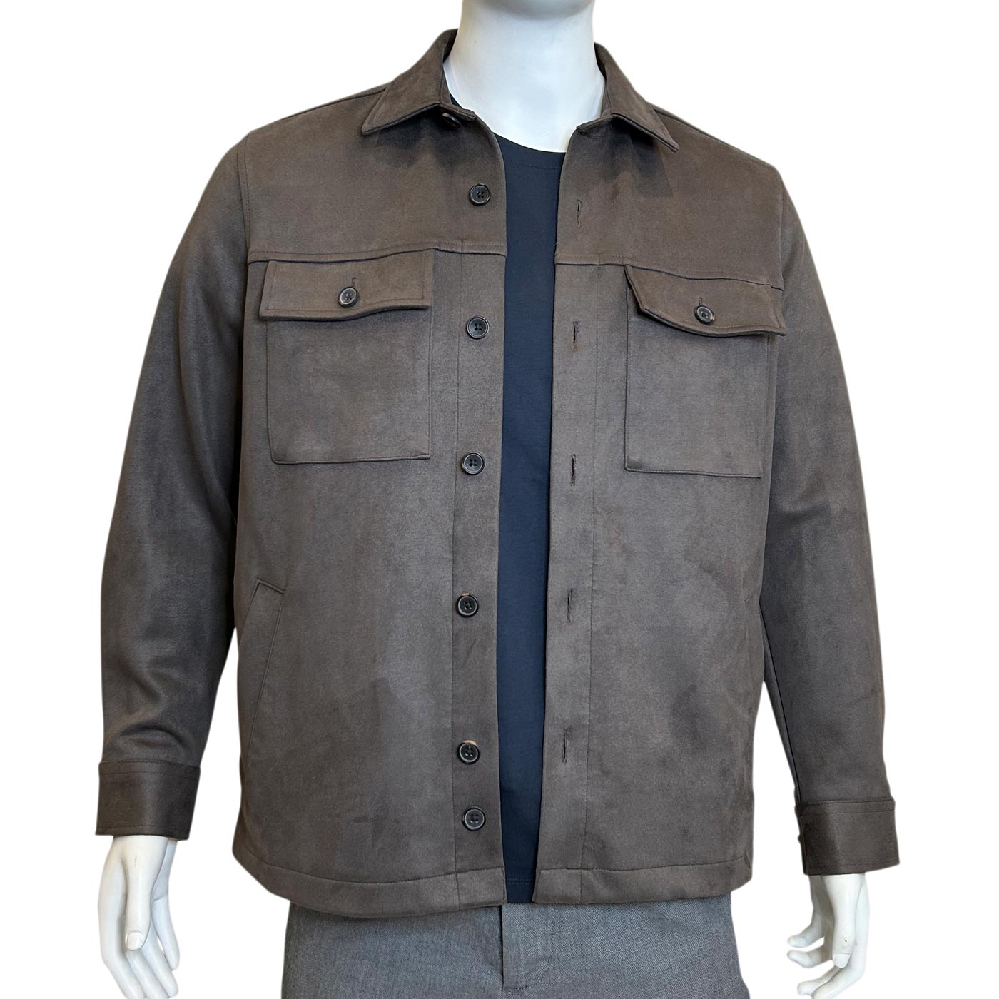 Mens Dark Stone Stretch Faux Suede Smart Shacket With Two Chest Pockets And Two Side Pockets