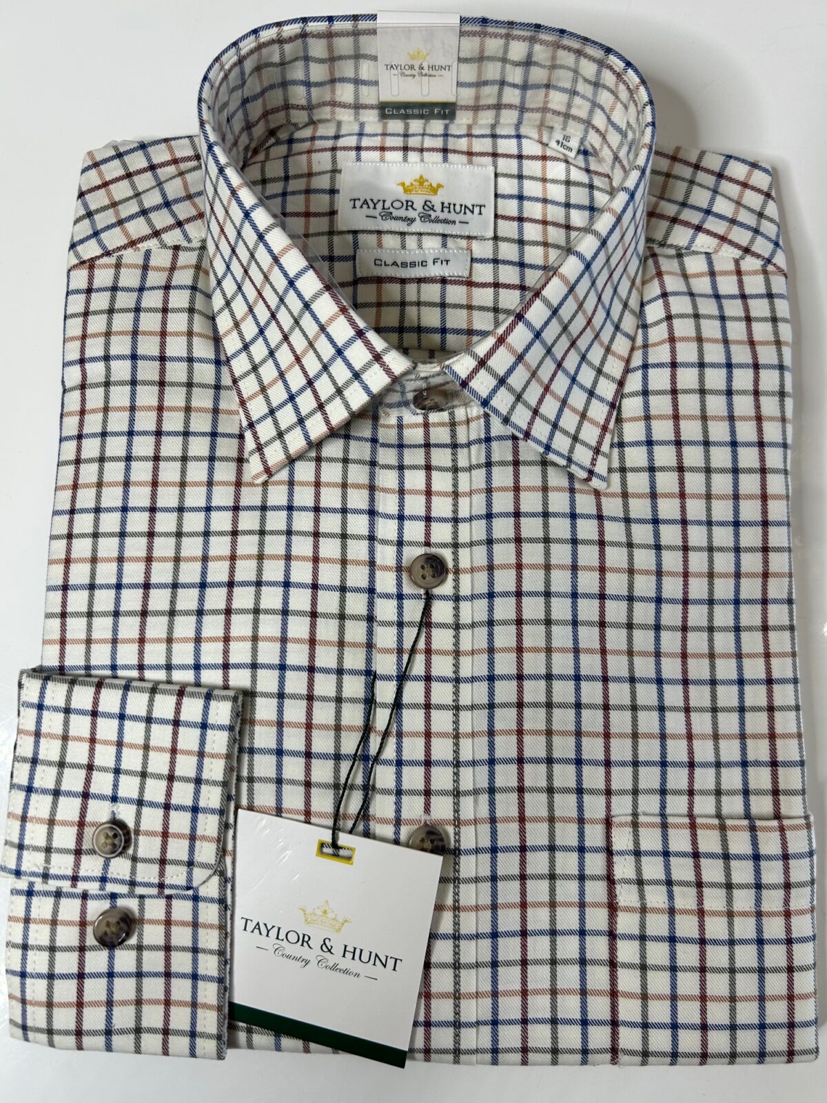 Tattersall Country Shirt, Brushed Cotton, Cream with blue, brown and green check