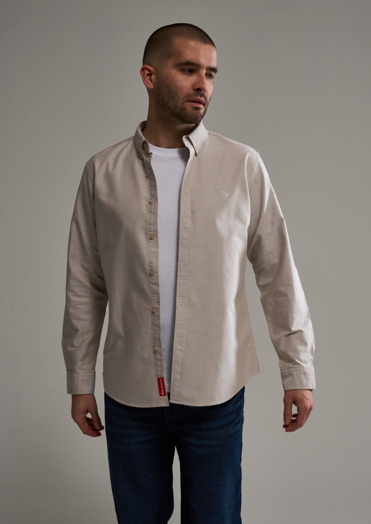 Fenchurch Oxford Shirt, a soft heavyweight shirt in Taupe with button down collar and chest embroidery.