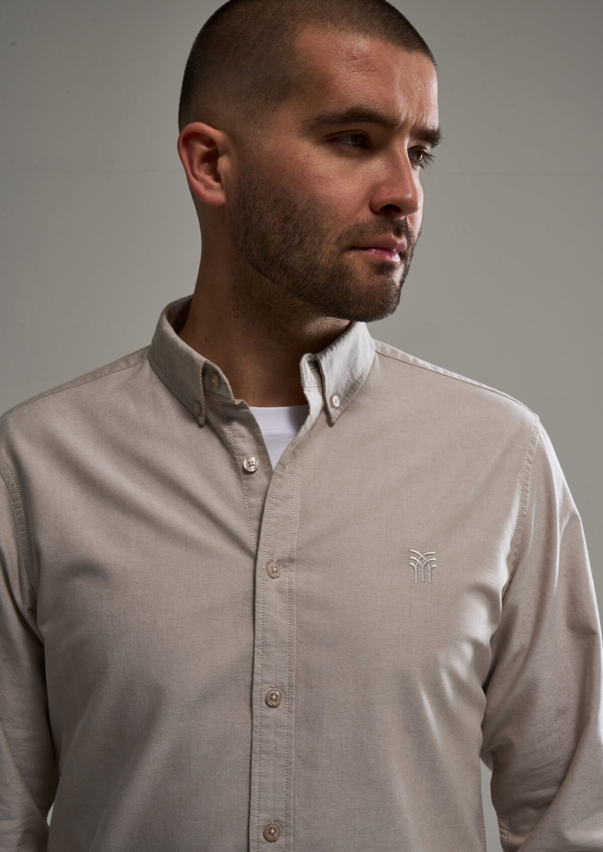 Fenchurch Oxford Shirt, a soft heavyweight shirt in Taupe with button down collar and chest embroidery.